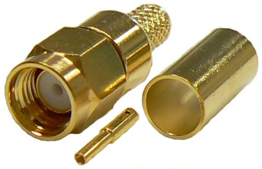 Reverse gender SMA male, solder pin, crimp connector for RG174A/U and RG316 coaxial cable, DC-12.4 GHz, 50 Ohms – gold plated